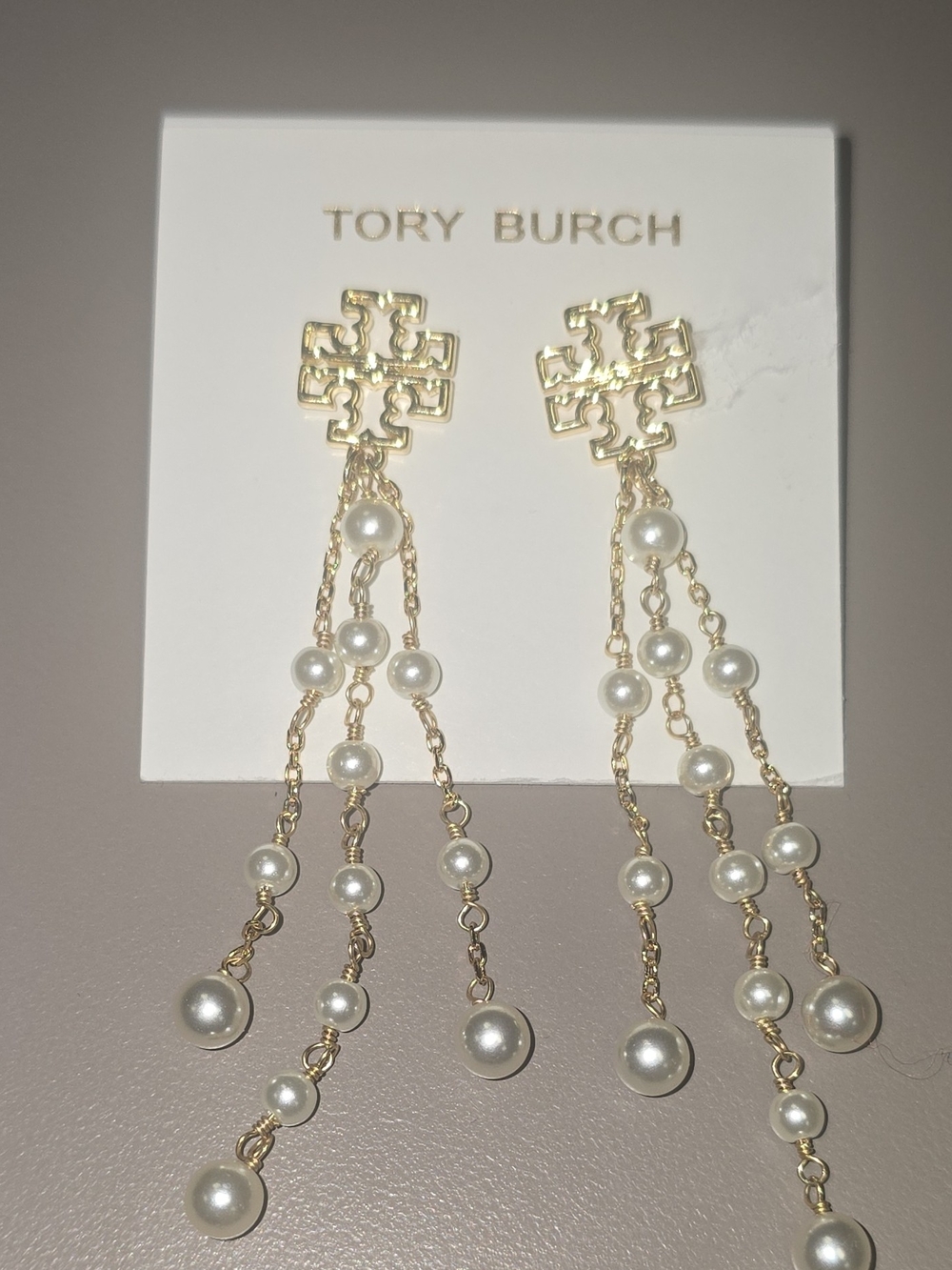New Authentic Tory Burch Gold-Tone Logo Faux Pearl Dangle Drop Stud Earrings